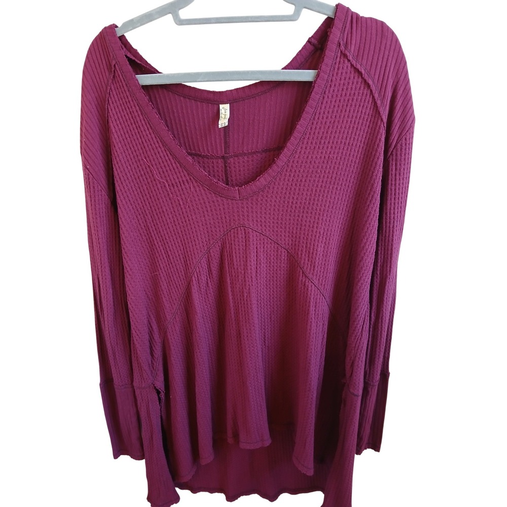 Free‎ People Burgundy Waffle  Long Sleeve V Neck High Low Tunic Top oversized M